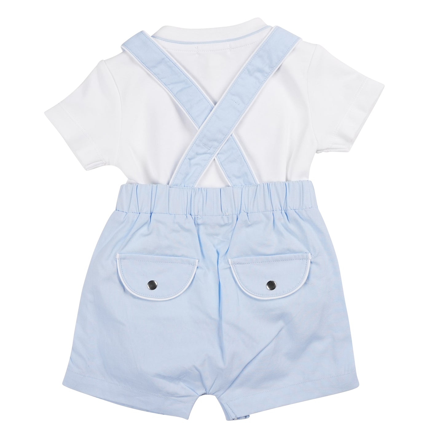 MB6274A | Top & Romper Dungaree-White/Blue-In Stock