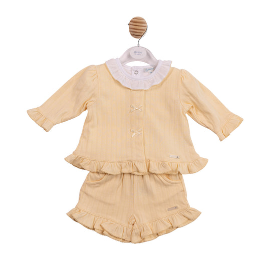 MB7064A - Top, Short & Cardigan - White/ Lemon Jacquard Knit-In Stock