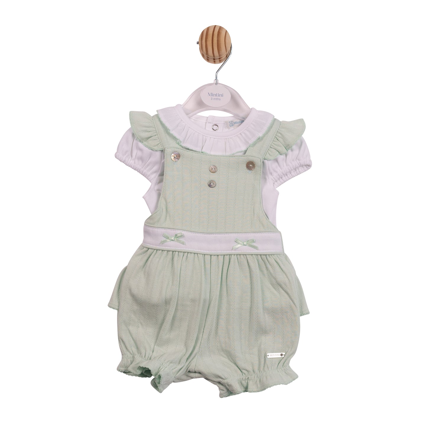MB7069A - Top & Romper Dungaree - White / Pistachio Jacquard Knit-In Stock