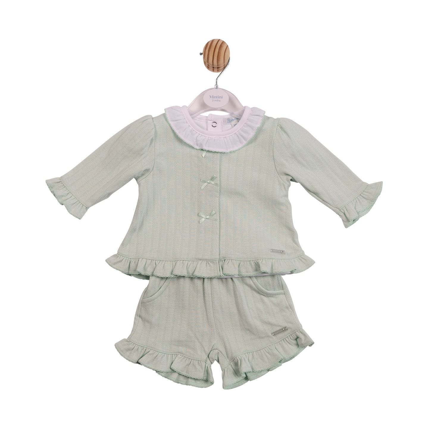 MB7071A - Top, Short & Cardigan - White/ Pistachio Jacquard Knit-In Stock