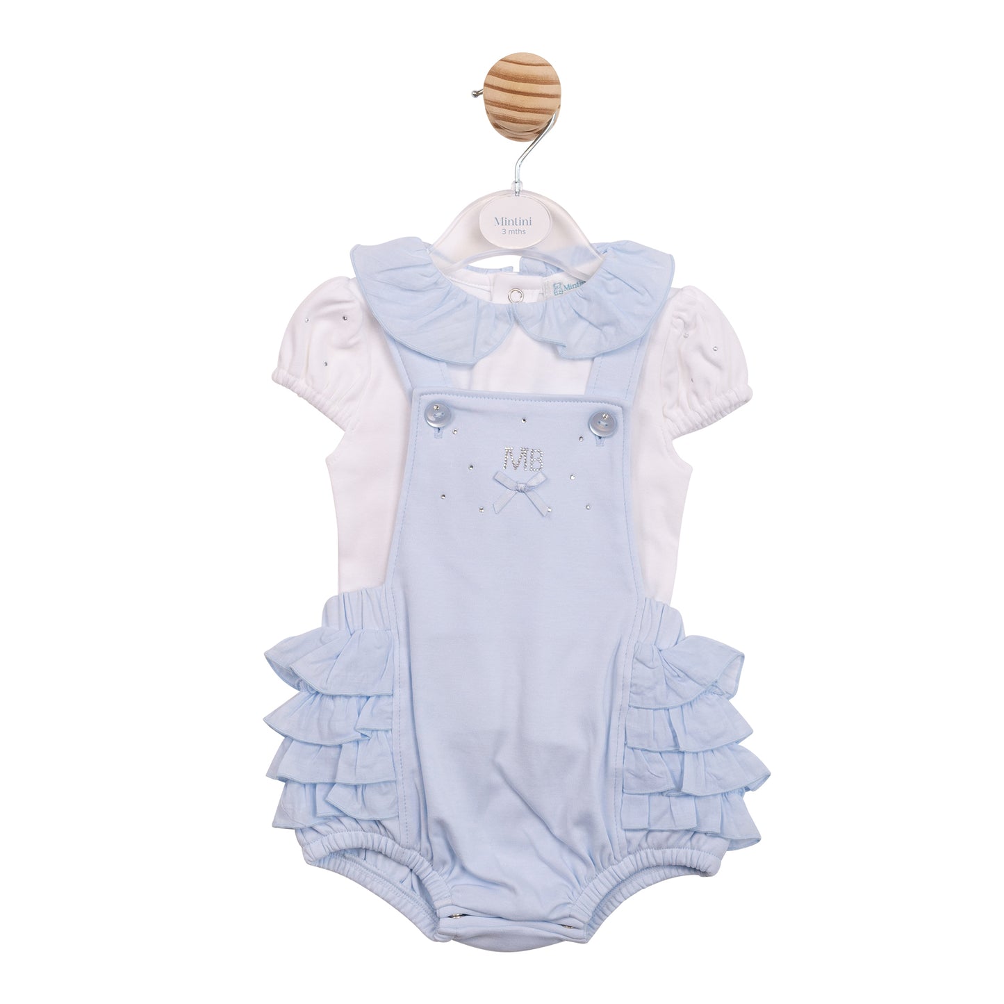 MB7120A - Top & Romper Dungaree - White/ Blue Diamante-In Stock