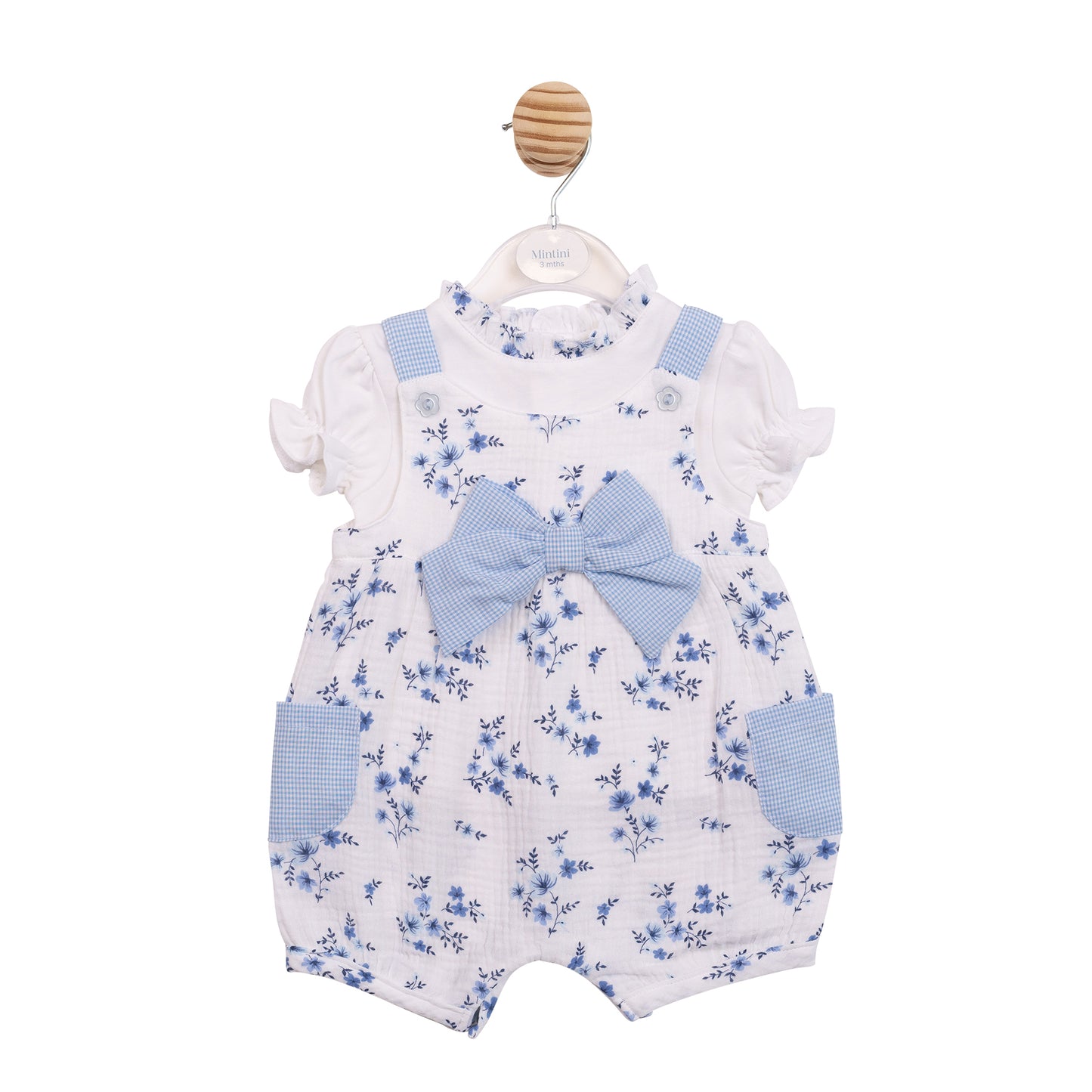 MB7139 - Top & Romper Dungaree - White/Blue Floral Gingham-In Stock
