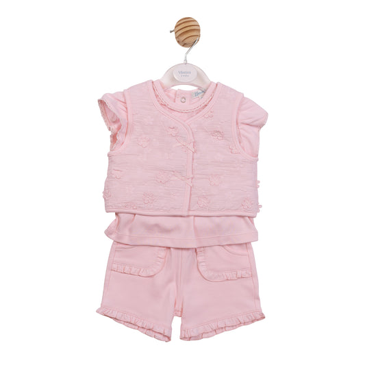 MB7233 - Top, Short & Gilet - Pink Embroidery Flowers-Pre Order