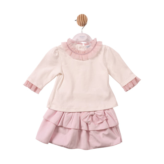 MB7484B- Top & Skirt - Ivory/Pink - Chiffon Pleated Collar- Pre Order