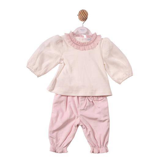 MB7485B- Top & Trouser - Ivory/Pink - Chiffon Pleated Collar- Pre Order