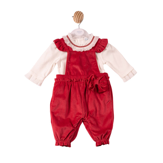 MB7489A - Top & Dungaree - Ivory/Red - Chiffon Pleated Collar - Pre Order