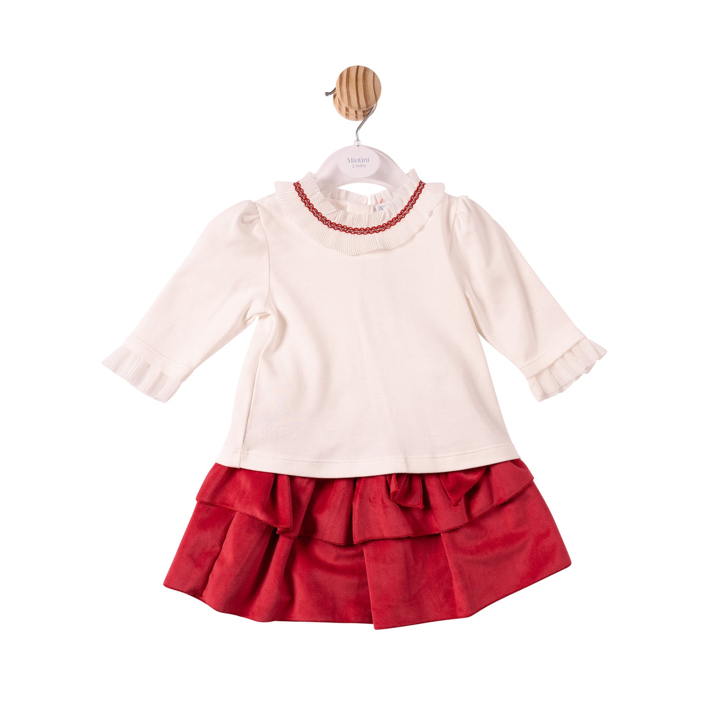 MB7491 - Top & Skirt - Ivory/Red - Chiffon Pleated Collar - Pre Order